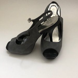Grey peep toe Mary Jane stilettos